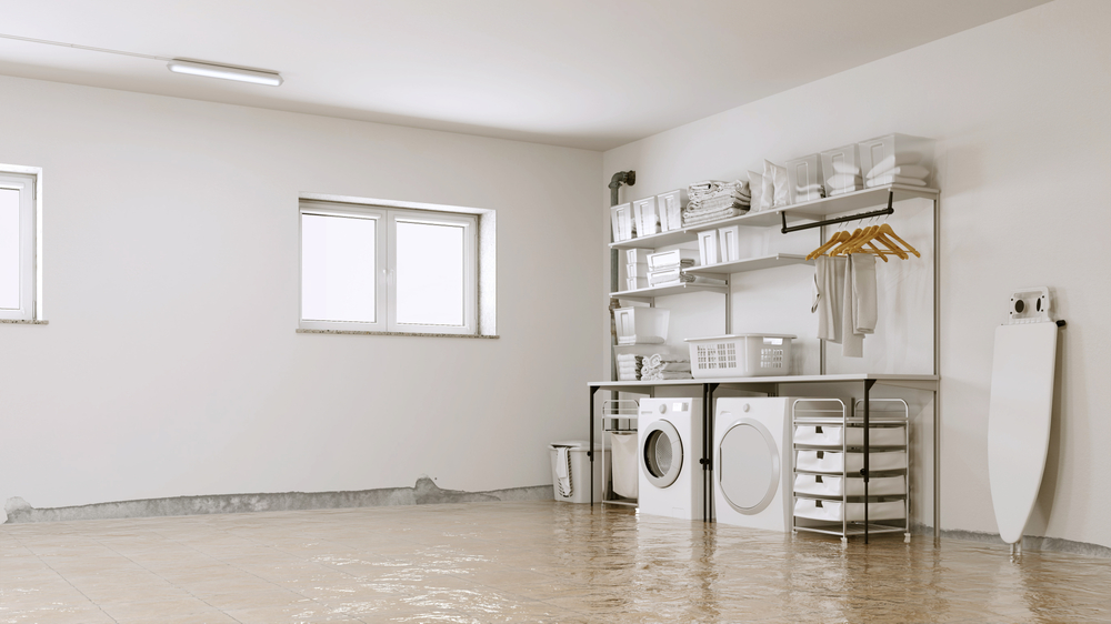 A flooded basement laundry room