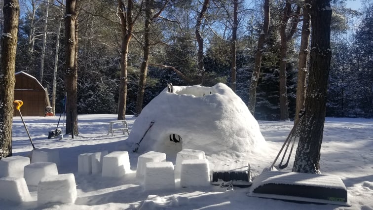 An unfinished igloo with blocks of snow in the foreground.