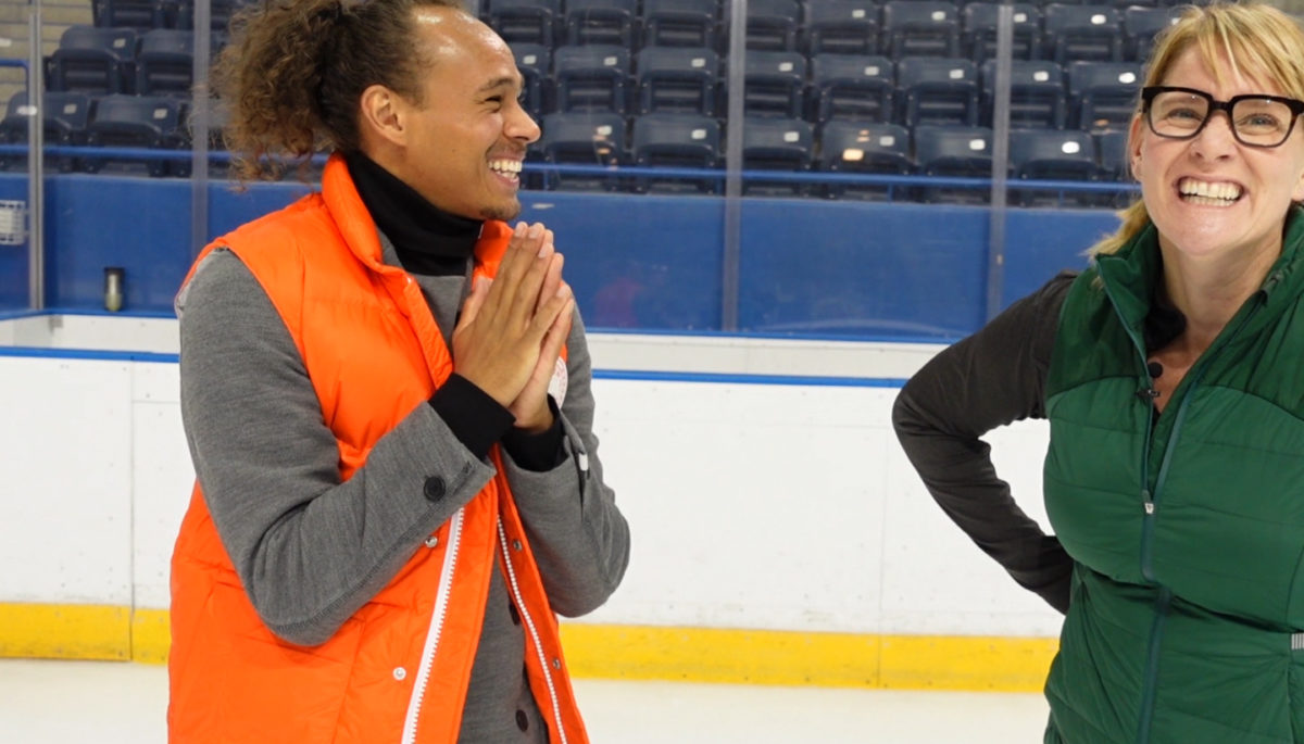 Elladj Balde skates with Cottage Life editor Michelle Kelly