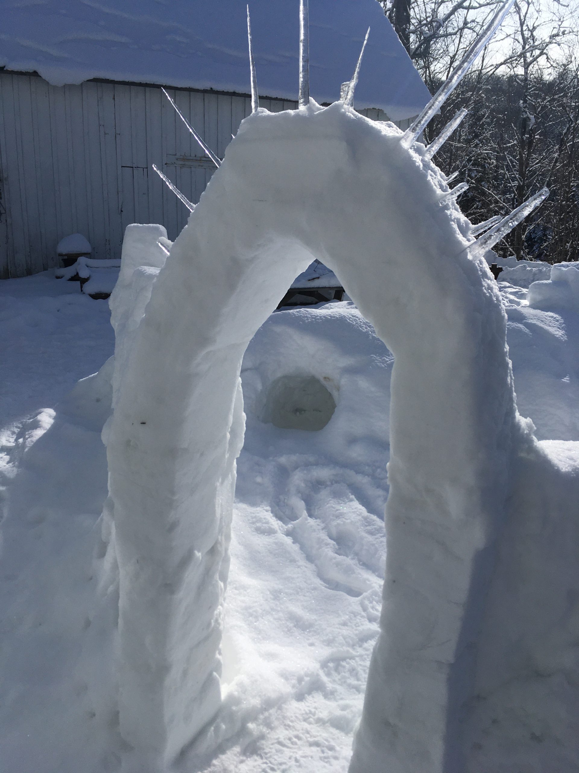 An archway entrance, topped with icicles, to a snow fort.