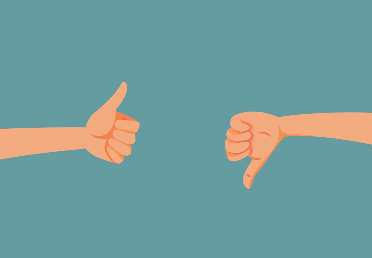 Hands Holding Thumbs Up and Thumbs Down Vector Cartoon Illustration. People leaving mixed reviews in contradictory evaluation process