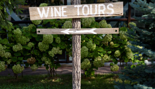 Wooden wine tour sign with arrow with green shrubs on background, winery