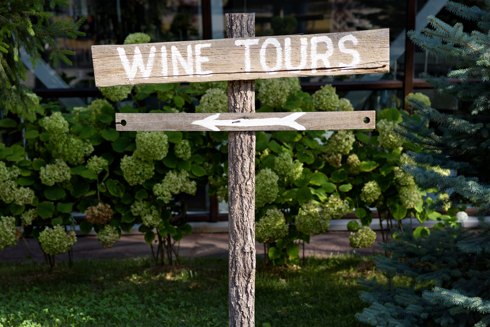 Wooden wine tour sign with arrow with green shrubs on background, winery
