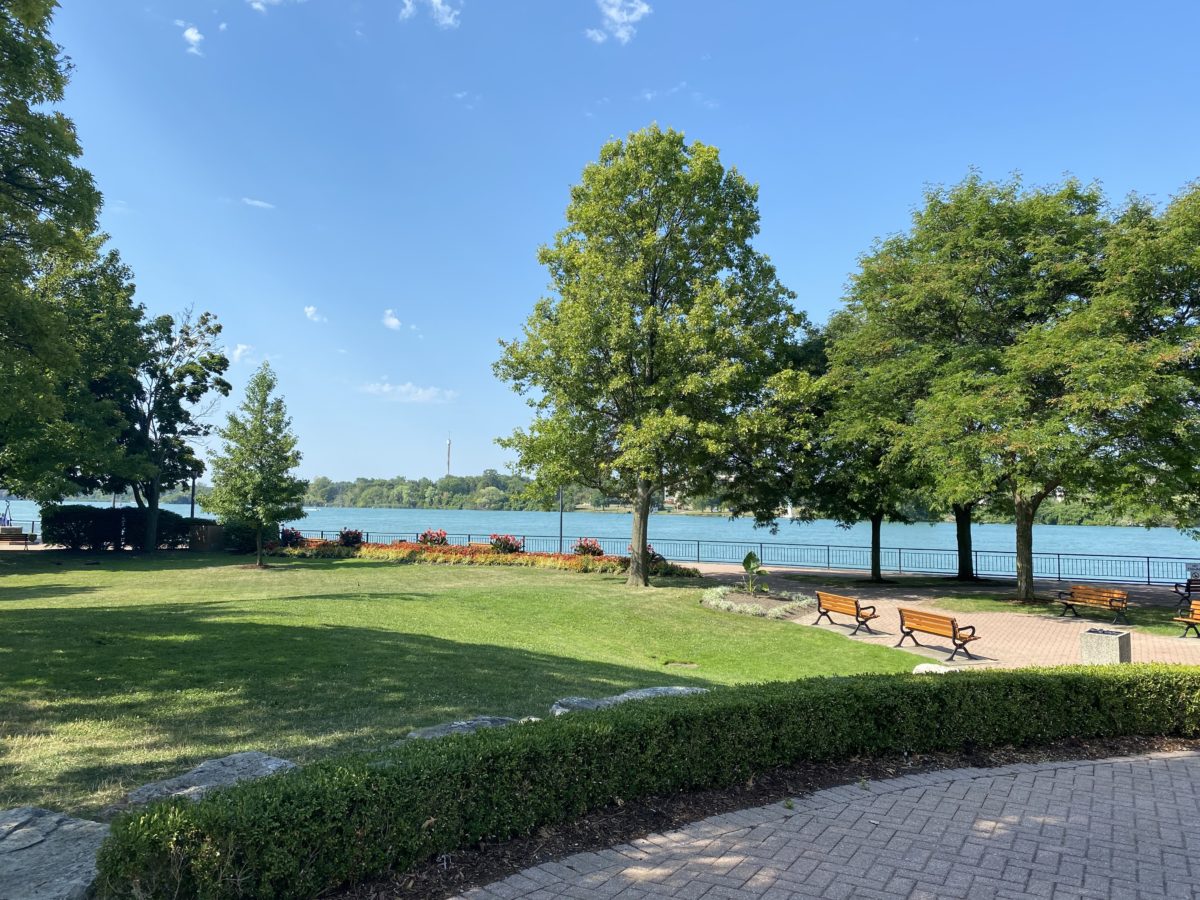 view of gardens overlooking the detroit river in amherstburg, ontario