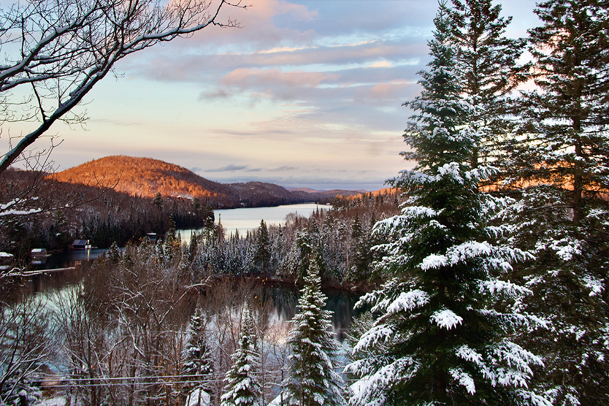 snowy landscape view at sunset