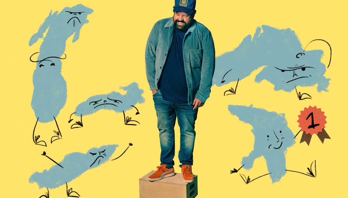 photo collage of Donovan Woods surronded by the Great Lakes