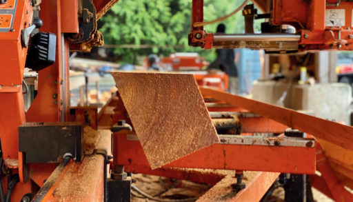 The end cut of a piece of lumber being milled