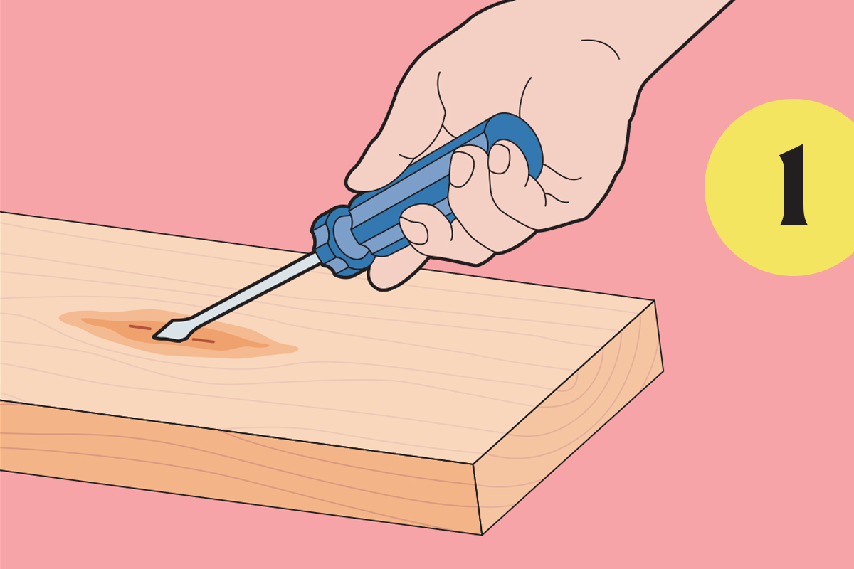 illustration of a hand poking a wood board with a screwdriver