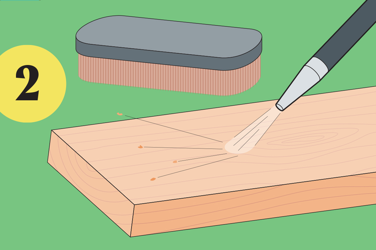 illustration of a power washer and a bristle brush cleaning a wood board