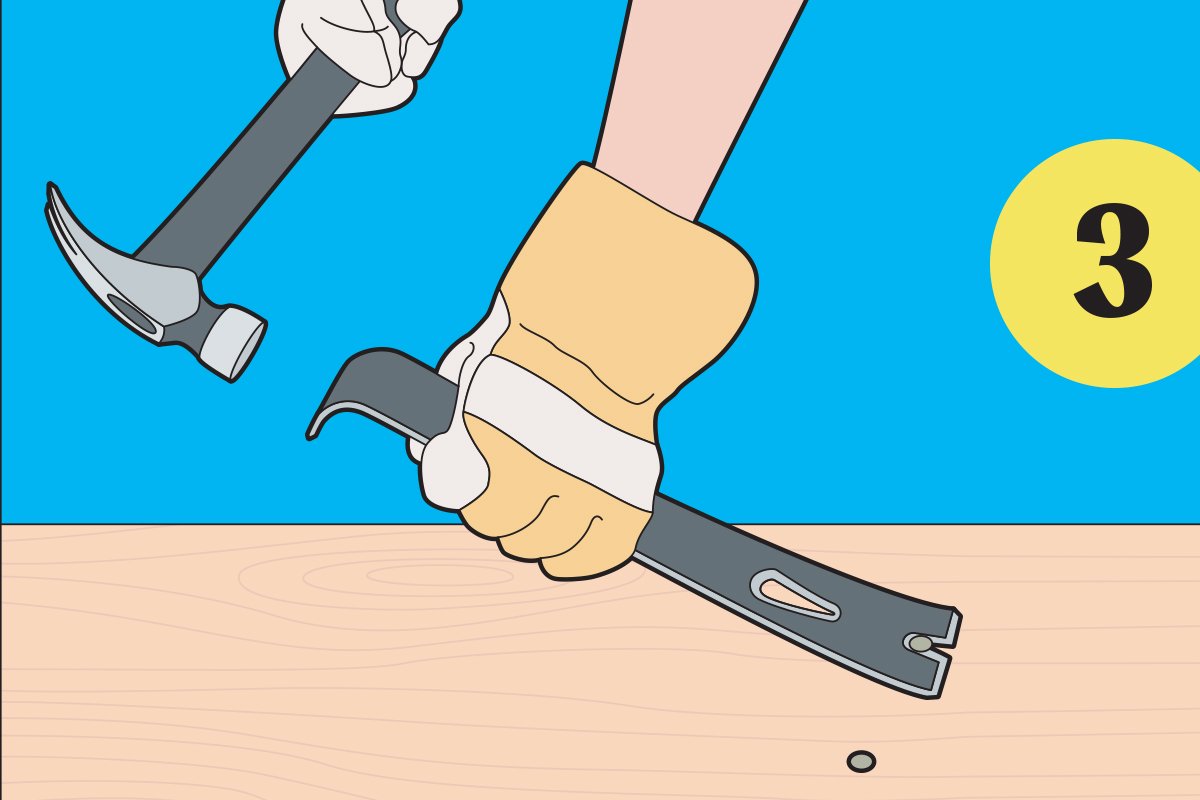 illustration of a hand with a pry bar prying nails out of a wood board