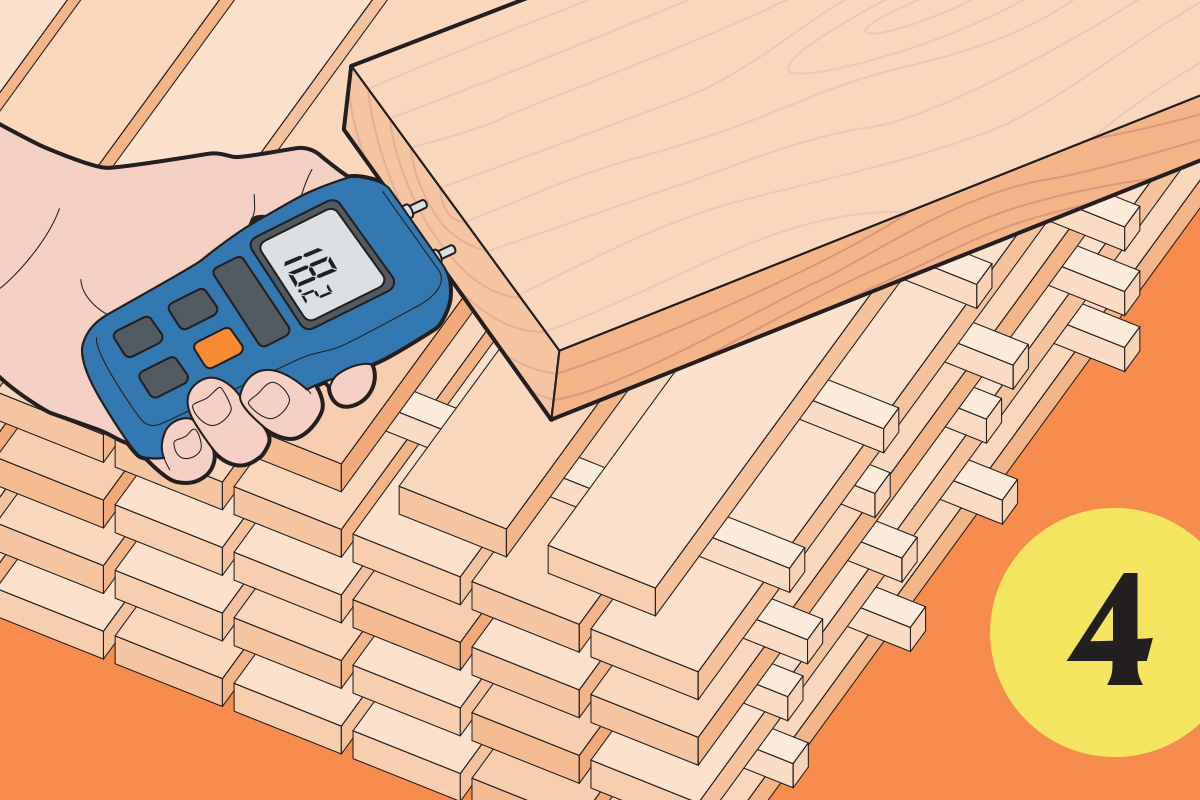 illustration of a person using a wood moisture meter to check the moisture content on wood boards