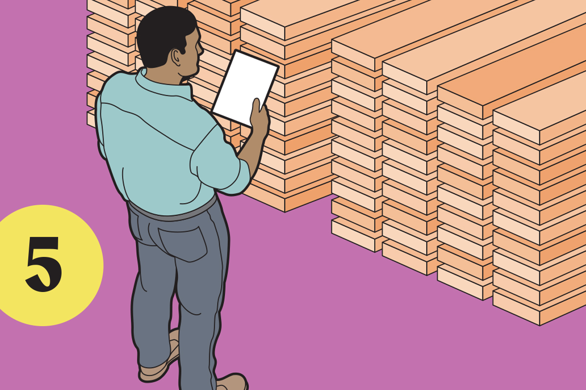 illustration of a man assessing stacks of lumber