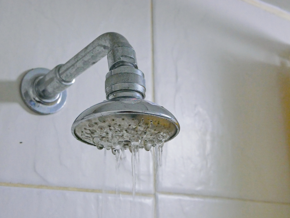Close up of a partly clogged shower head