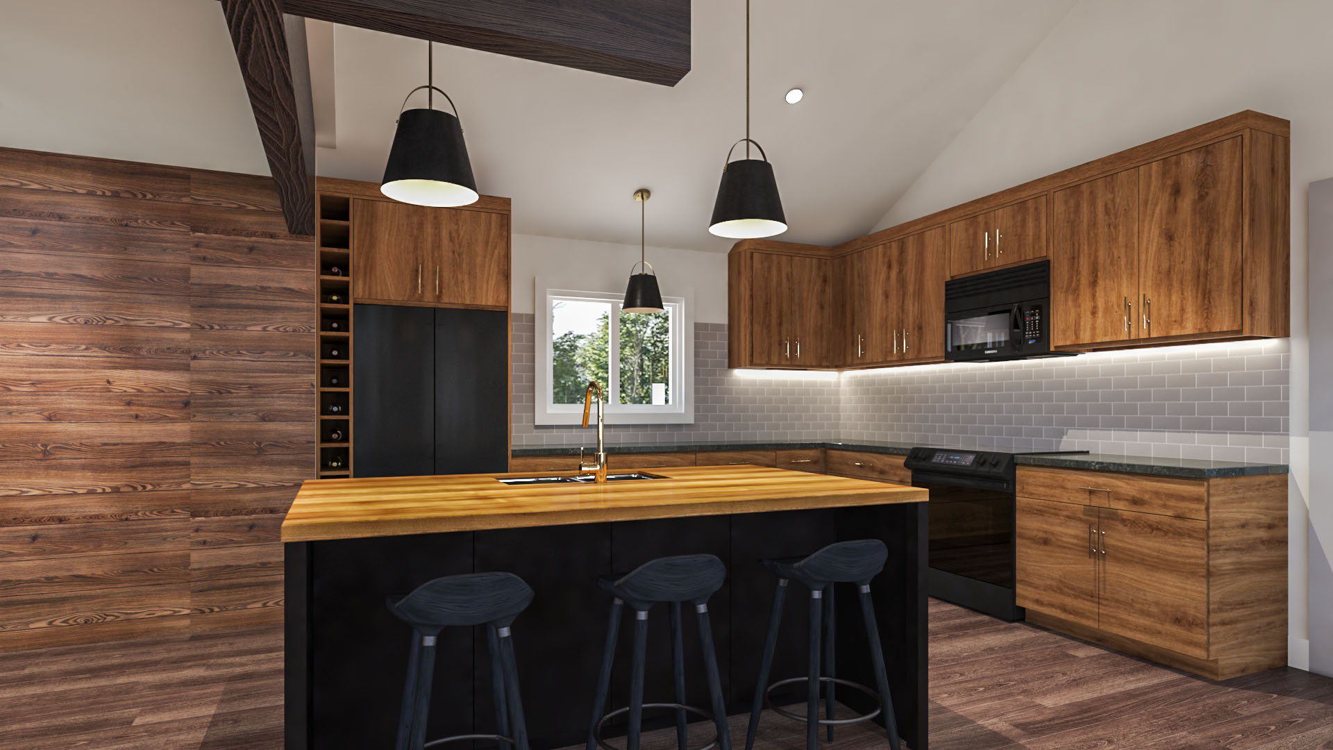 A big kitchen with an island, dark wooden cabinets, and black accents.