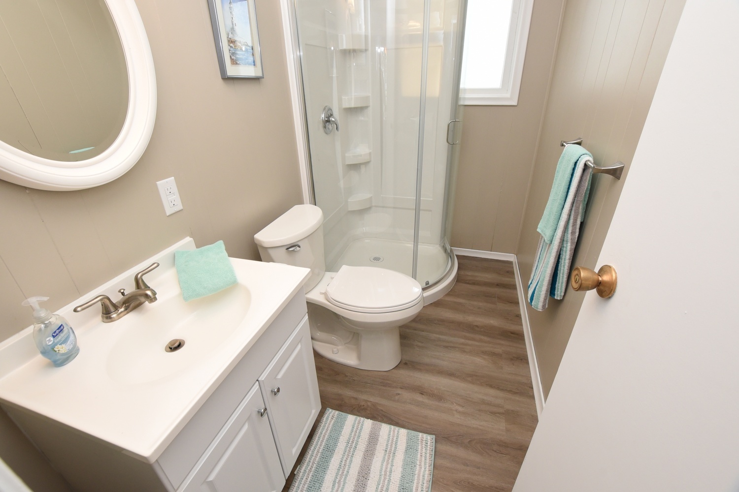 Bathroom with single sink and shower