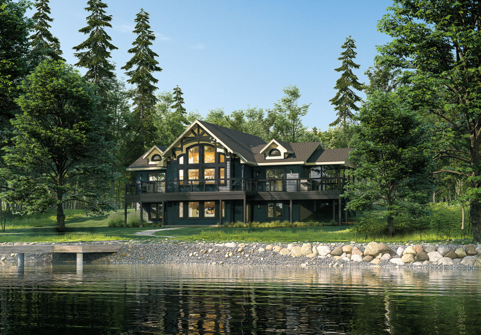 A large cottage close to a calm lake with a small dock, surrounded by trees.