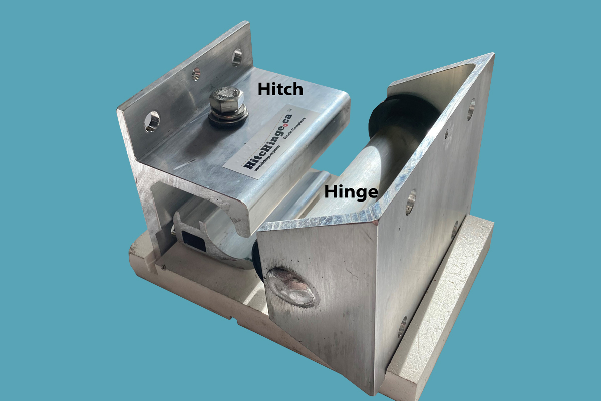 Close-up of the HitcHinge against a turquoise background