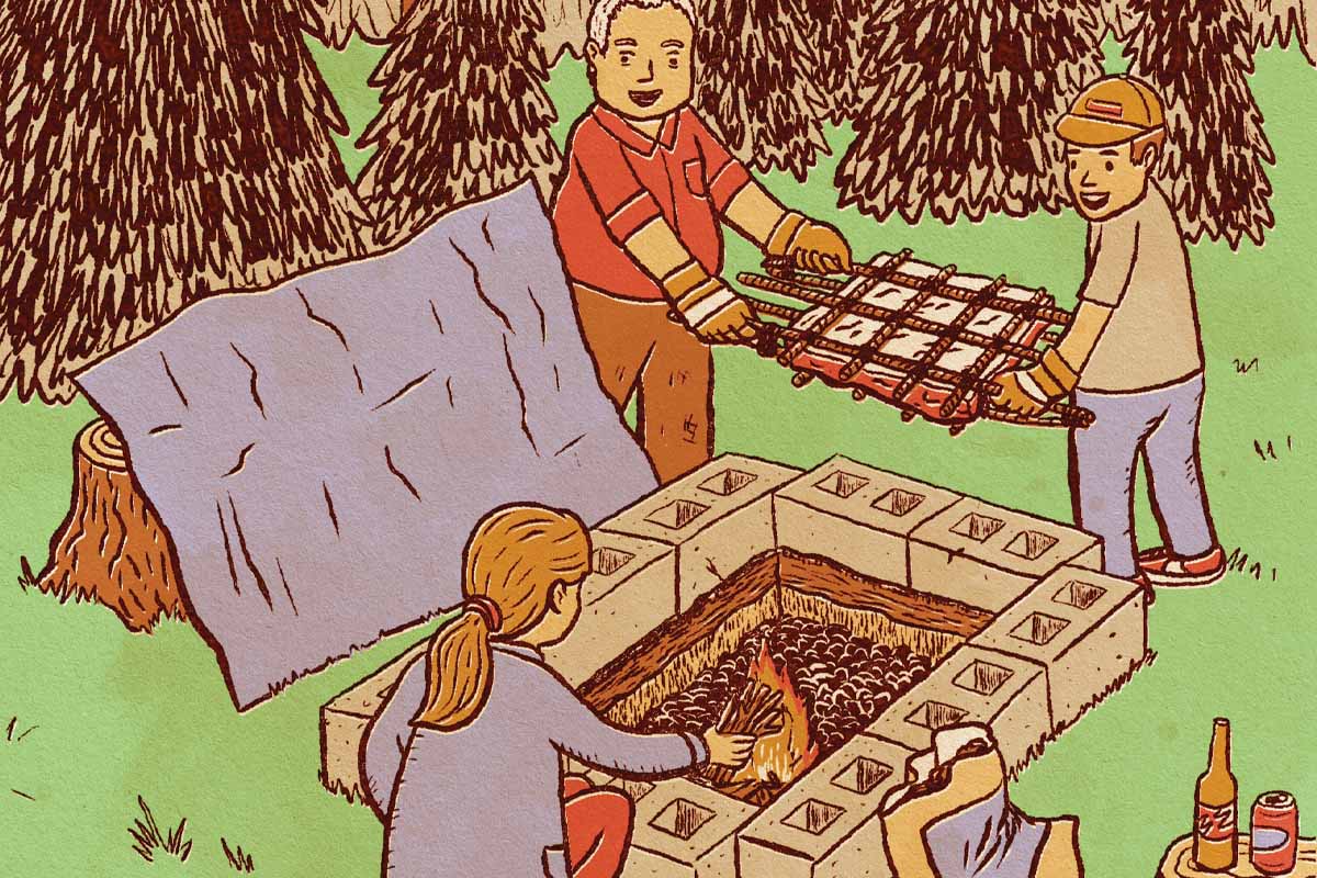 Illustration of a woman putting wood into a fire, and two men walking over with a smoker.