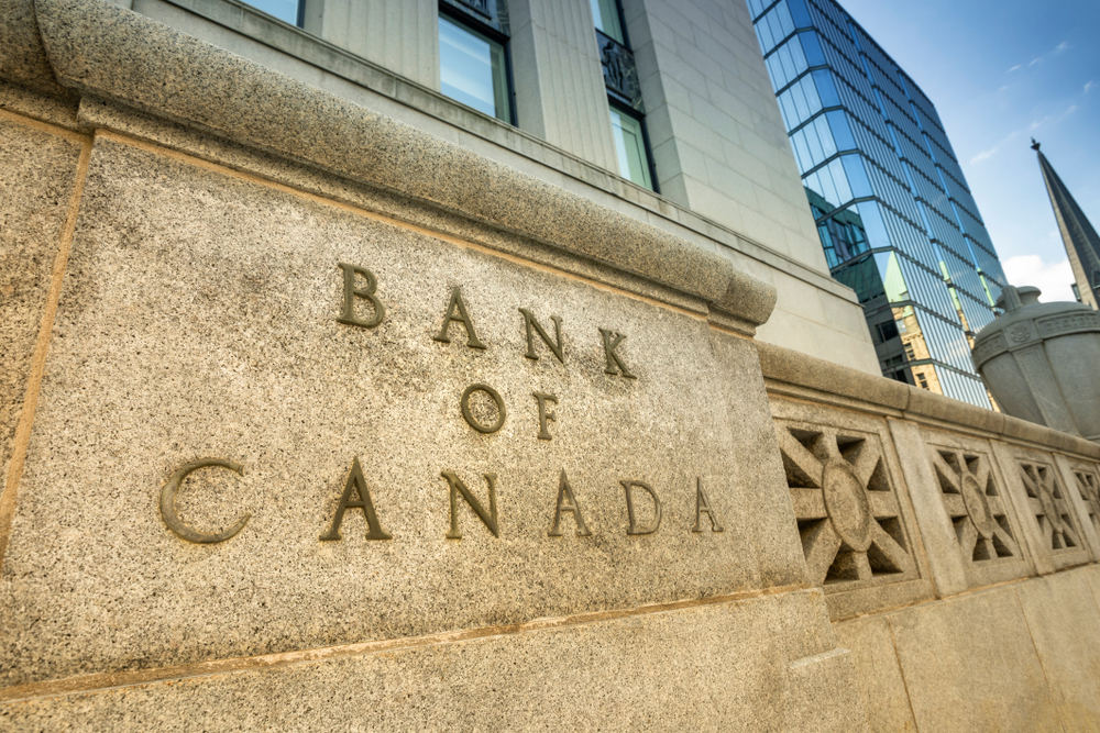Bank of Canada engraved on stone outside a building, interest rates