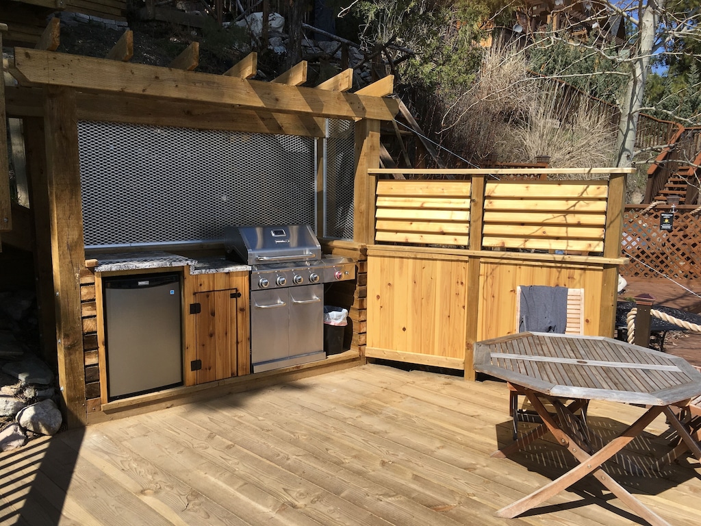 Deck with a barbeque and mini-fridge