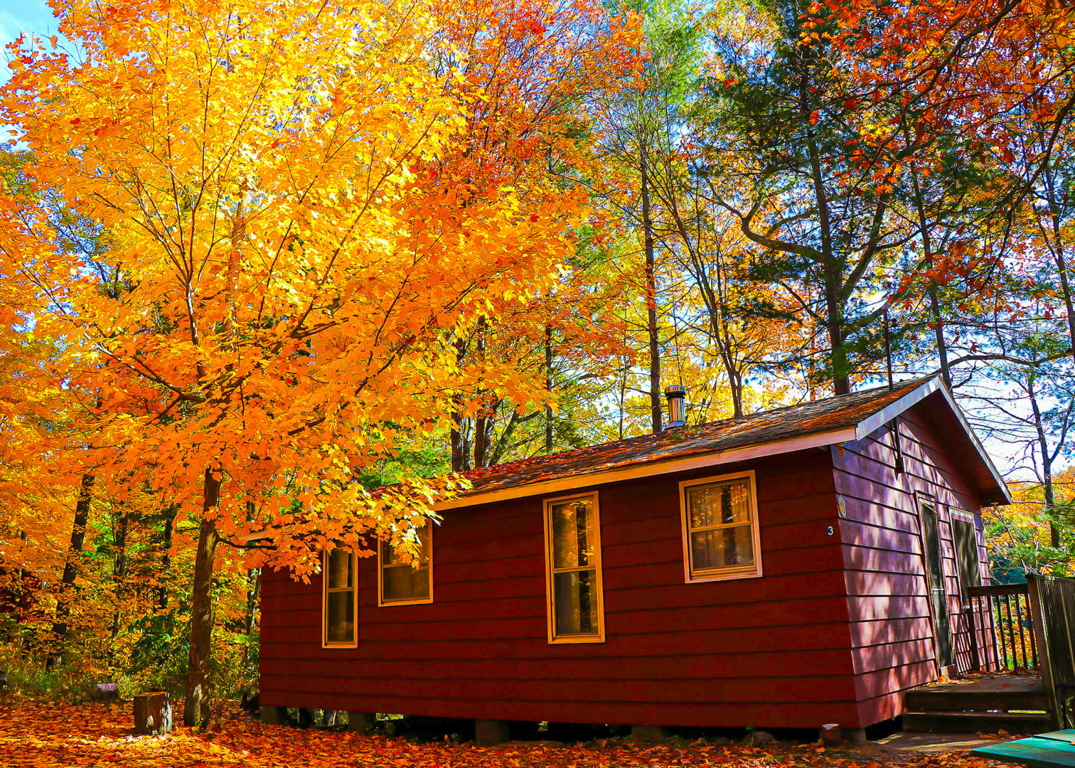Photo contest entry of a red cottage surrounded by fall colours.