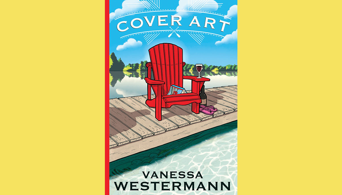 The cover of "Cover Art" by Vanessa Westermann, featuring a red Adirondack chair on a dock, with a blue sky in the background.