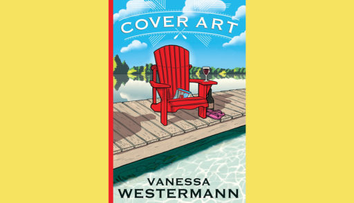 The cover of "Cover Art" by Vanessa Westermann, featuring a red Adirondack chair on a dock, with a blue sky in the background.