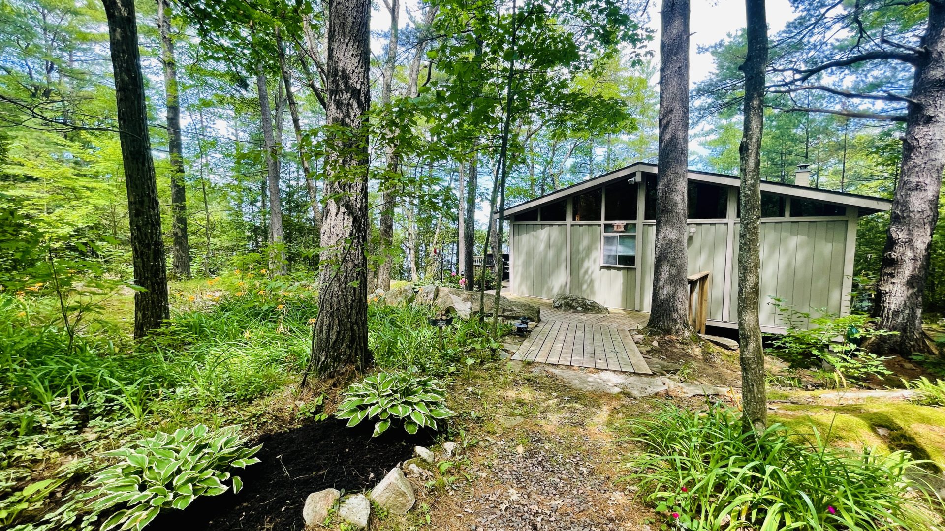 Cottage enclosed in trees with flat path to entrance.