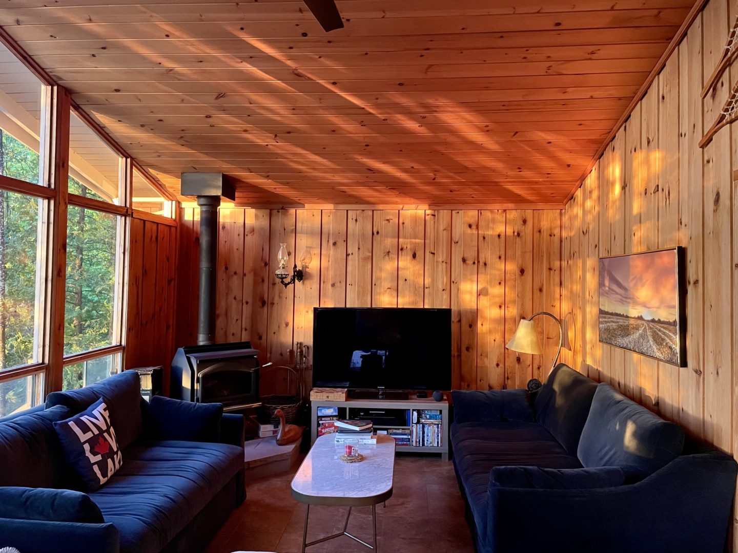 Inside wooden cottage living room with couches and television