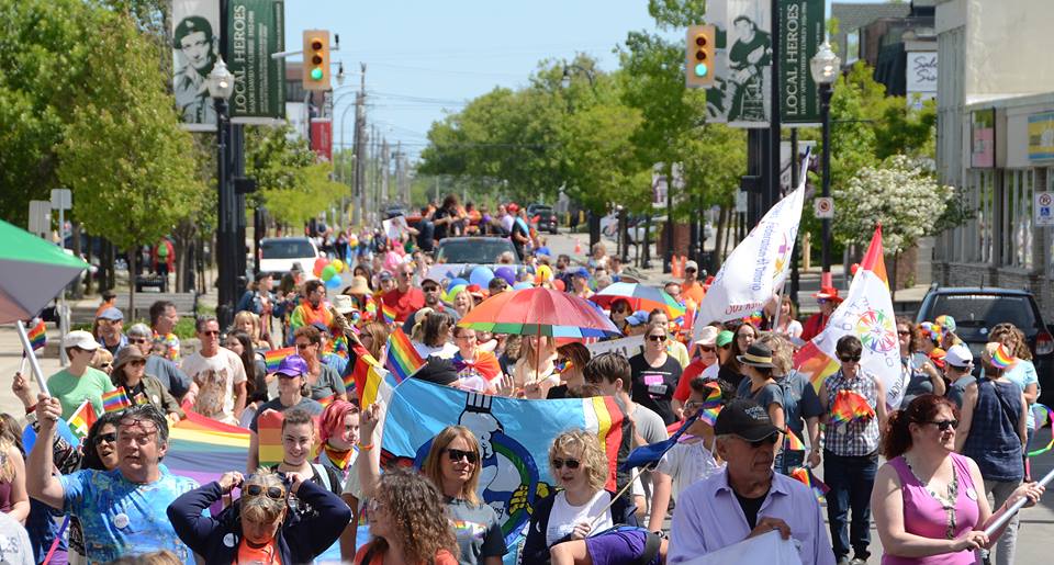 A crowd celebrates Pride Month at the Owen Sound Pride Parade.