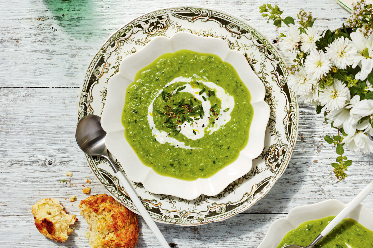 Green pea soup with feta crema