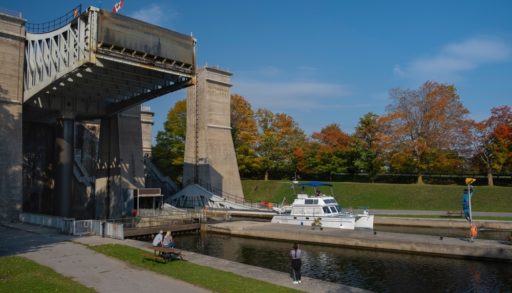boat going through the lock on the Trent Severn Waterway