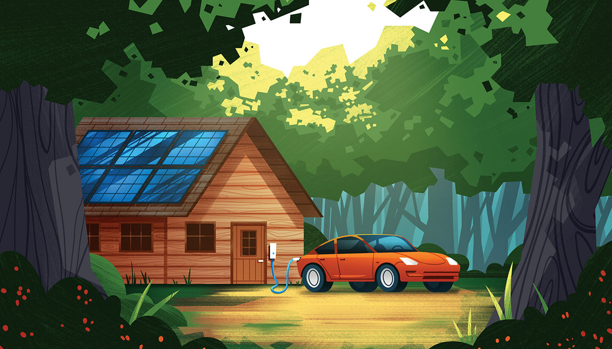 illustration of a cottage and electric vehicle charging