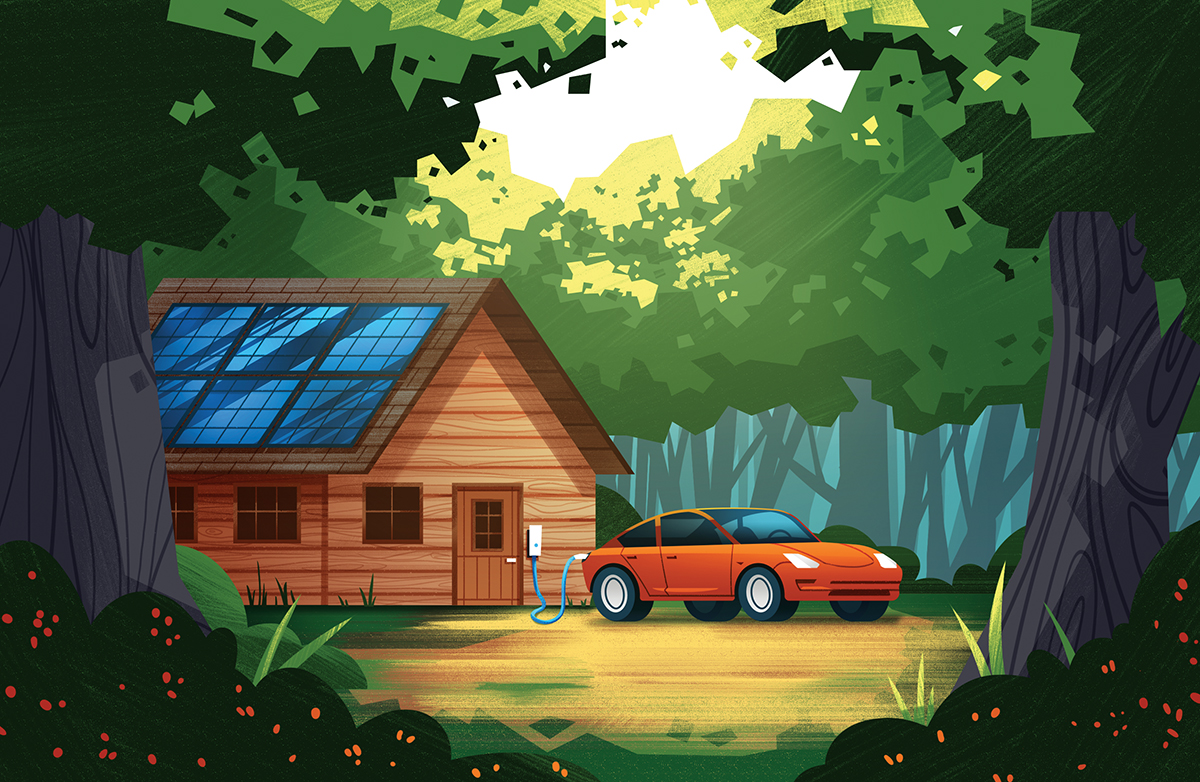 illustration of a cottage and electric vehicle charging