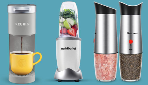 A collage featuring a coffe machine, a blender and salt and pepper grinders.