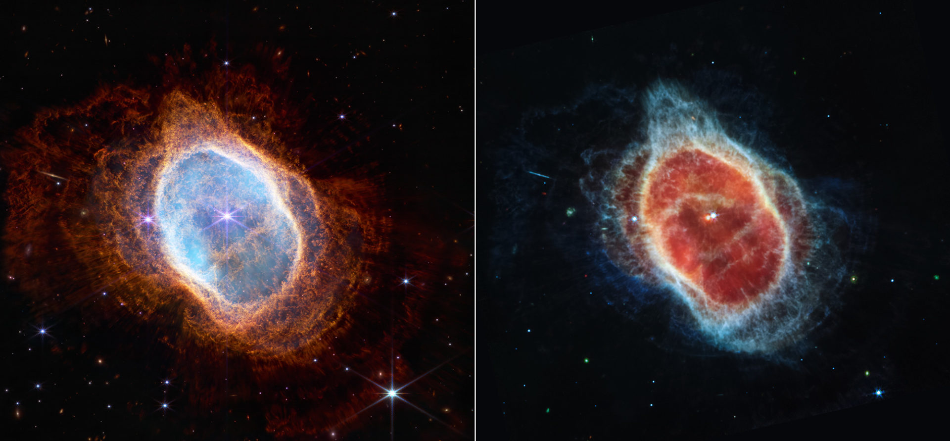 Side-by-side photos of a planetary nebula taken by the James Webb Space Telescope