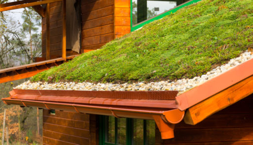 A wooden house with a green roof