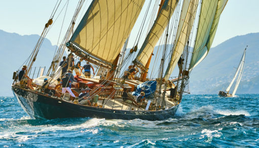 Sailing yacht under full sail at the regatta.