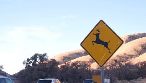 A deer crossing sign on a busy road
