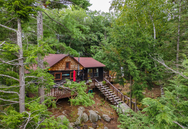 exterior of a cottage with cedar shake in the trees