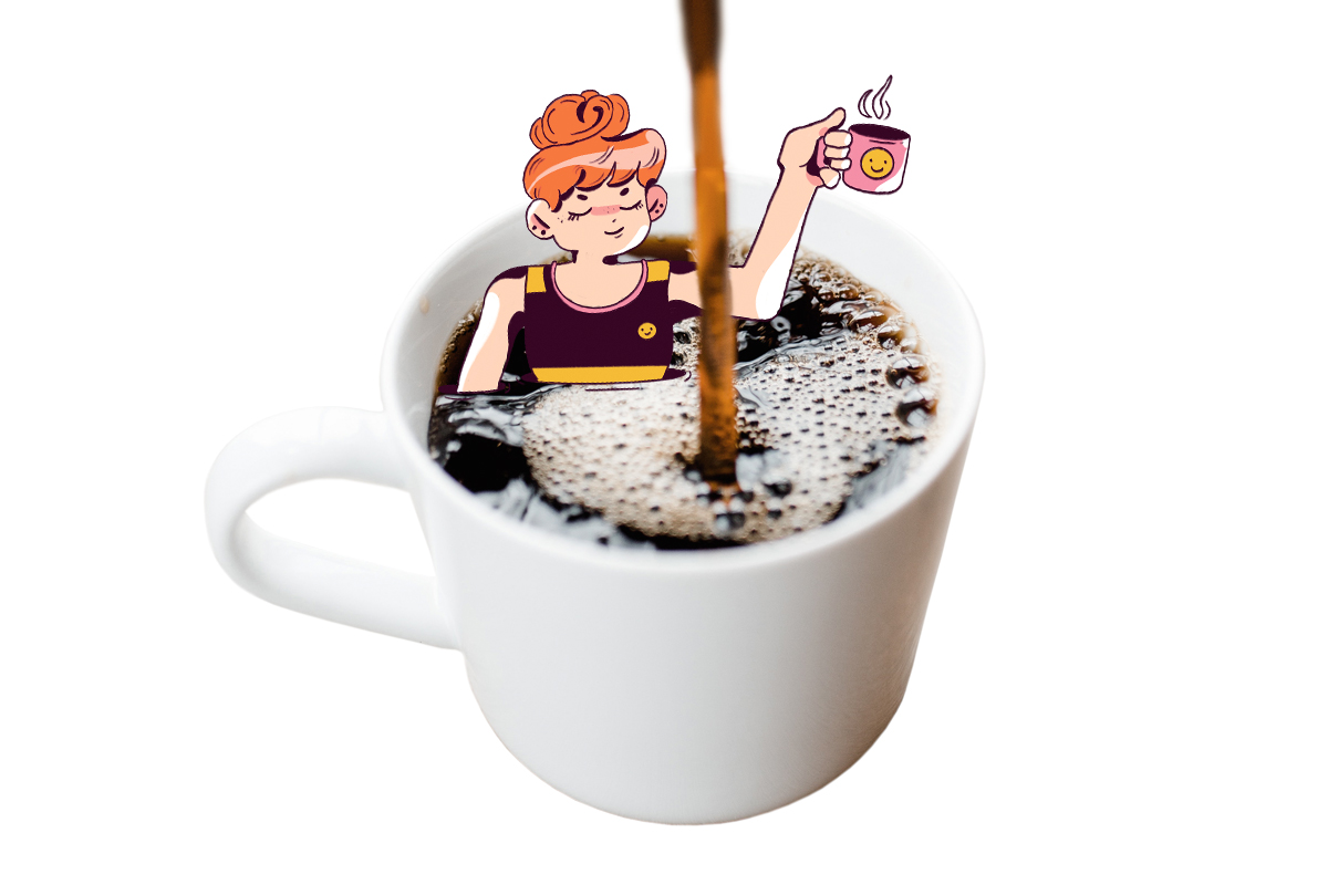 a cartoon character sitting in a mug of coffee while coffee is being poured in a mug