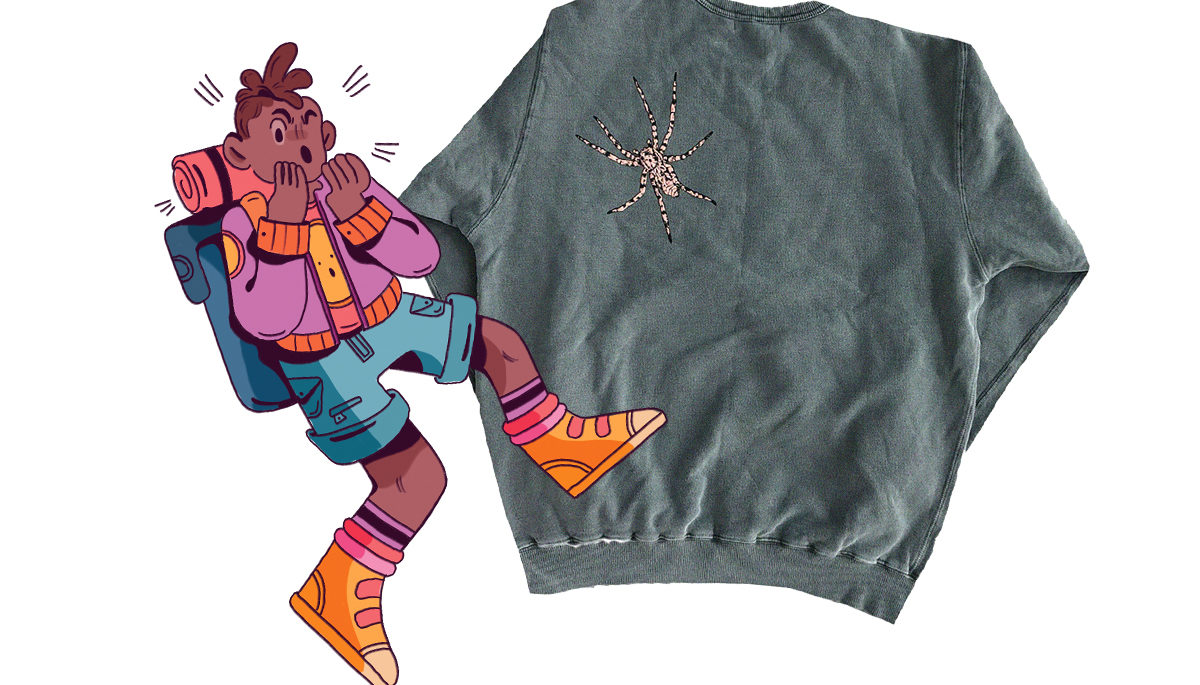 a dock spider sweatshirt with an illustrated character who is alarmed