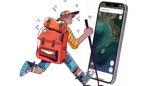 a character dressed in hiking gear appearing to walk into a phone with a map pulled up of presqu'ile point on lake ontario