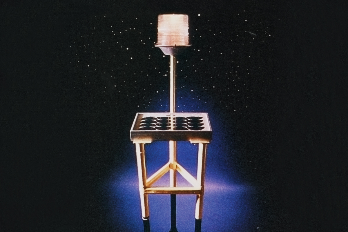 a solar buoy on a lake at night