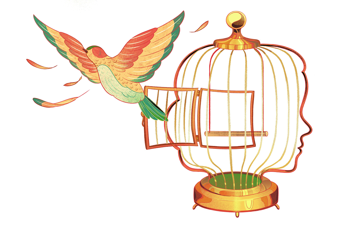 An illustration of a bird flying out of a bird cage