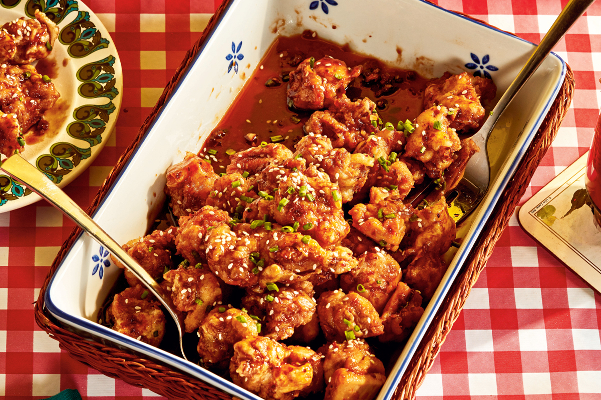 Crispy Candied Chicken Bites, fried chicken, gochujang, Korean