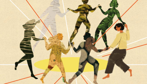 A collage image of people dancing in a circle
