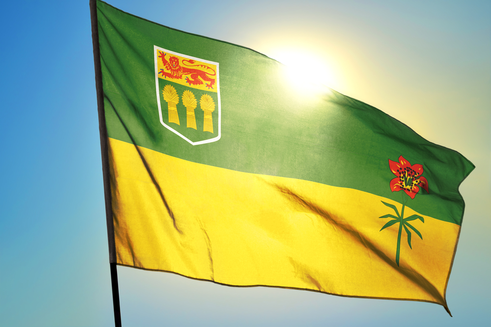 A Saskatchewan flag waving in the wind