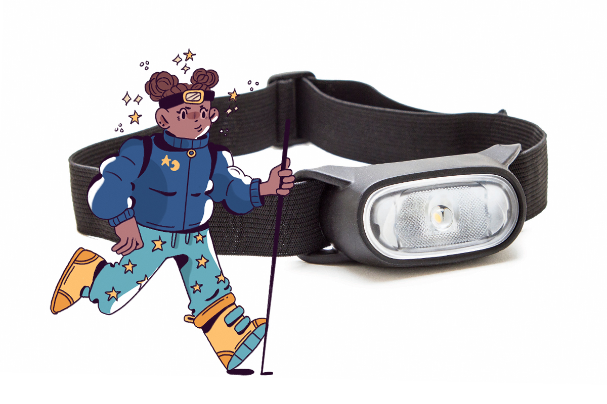 a cartoon character with a hiking stick and a headlamp walking in front of a headlamp on a white background