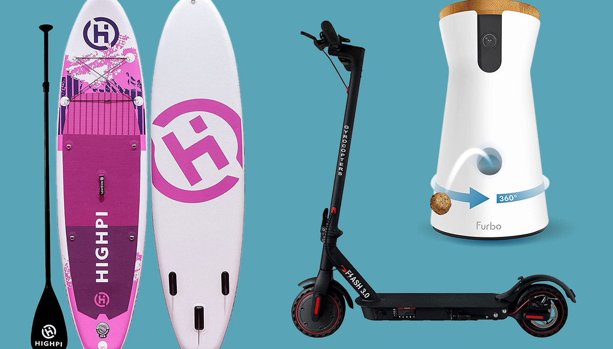 montage of SUP, scooter, furbo